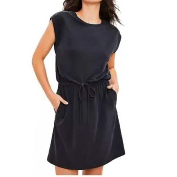 NWT Lou & Grey Cream Short Sleeve Drawstring Pockets Mini Dress S - Picture 1 of 9